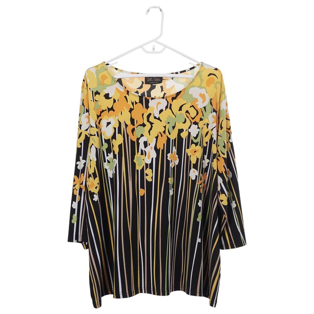 Bob Mackie Wearable Art Top 2X Black Yellow Print 3/4 Sleeve Pullover Stretch